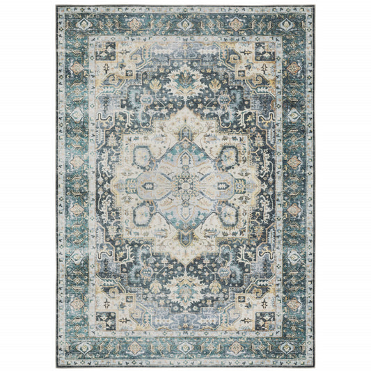 2' X 3' Blue Ivory Teal Brown And Gold Oriental Printed Stain Resistant Non Skid Area Rug
