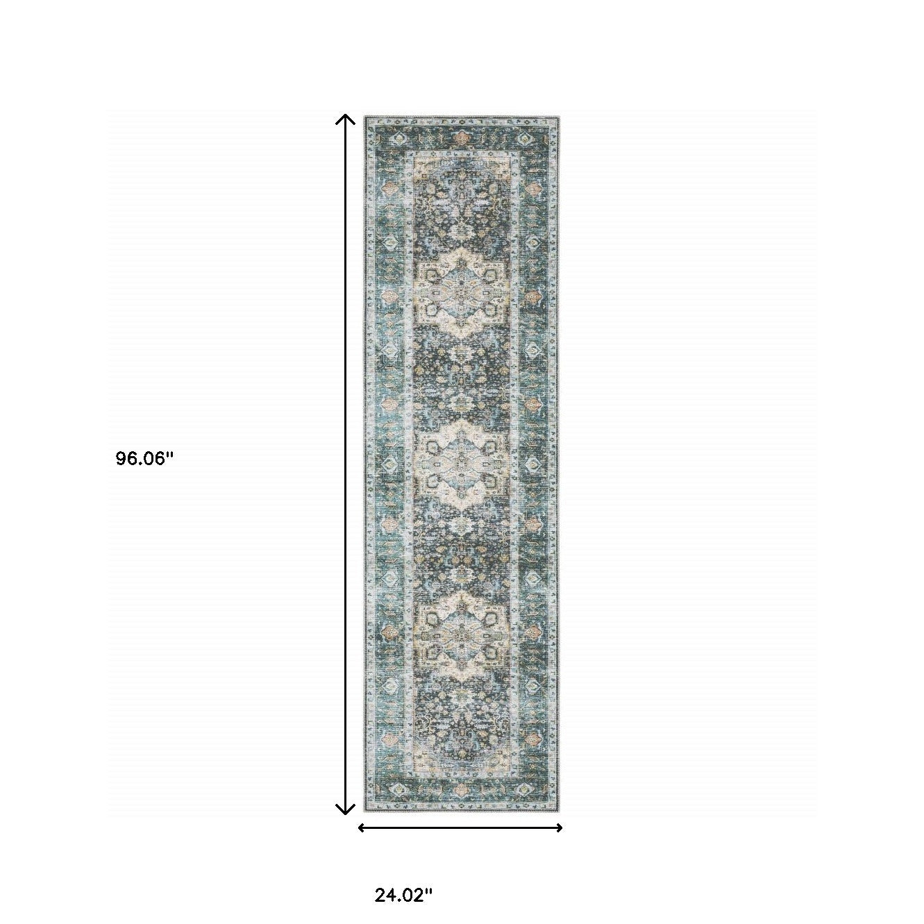 2' X 8' Blue Ivory Teal Brown And Gold Oriental Printed Stain Resistant Non Skid Runner Rug