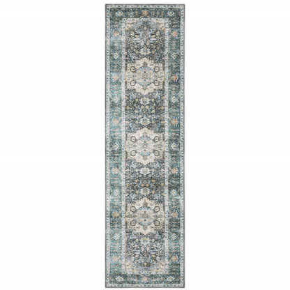2' X 8' Blue Ivory Teal Brown And Gold Oriental Printed Stain Resistant Non Skid Runner Rug