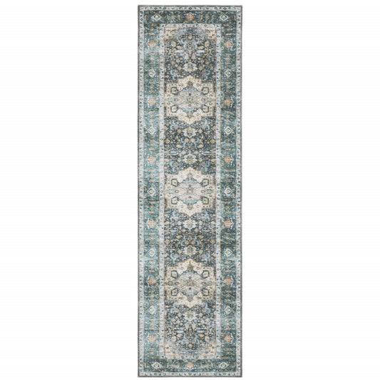2' X 8' Blue Ivory Teal Brown And Gold Oriental Printed Stain Resistant Non Skid Runner Rug