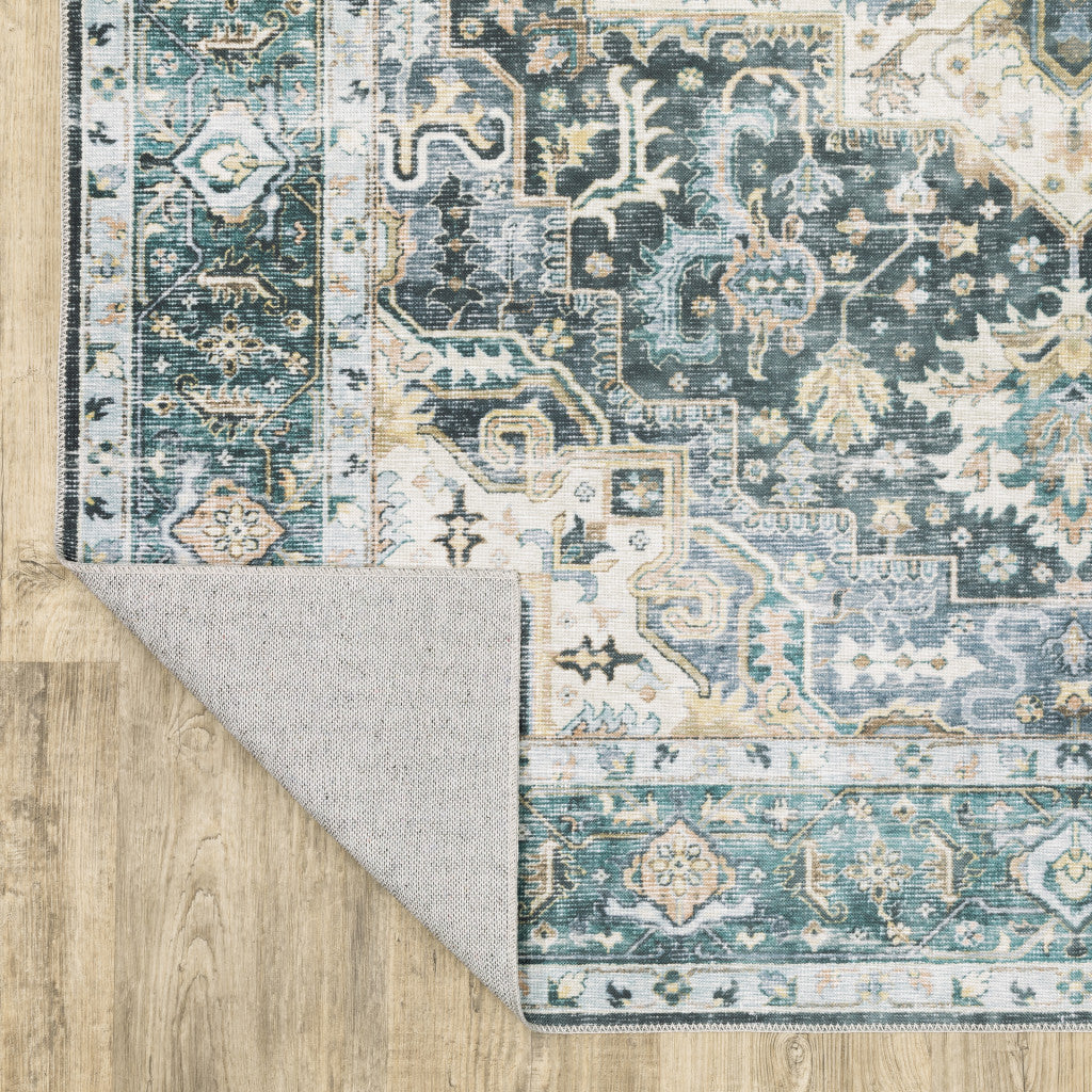 2' X 8' Blue Ivory Teal Brown And Gold Oriental Printed Stain Resistant Non Skid Runner Rug