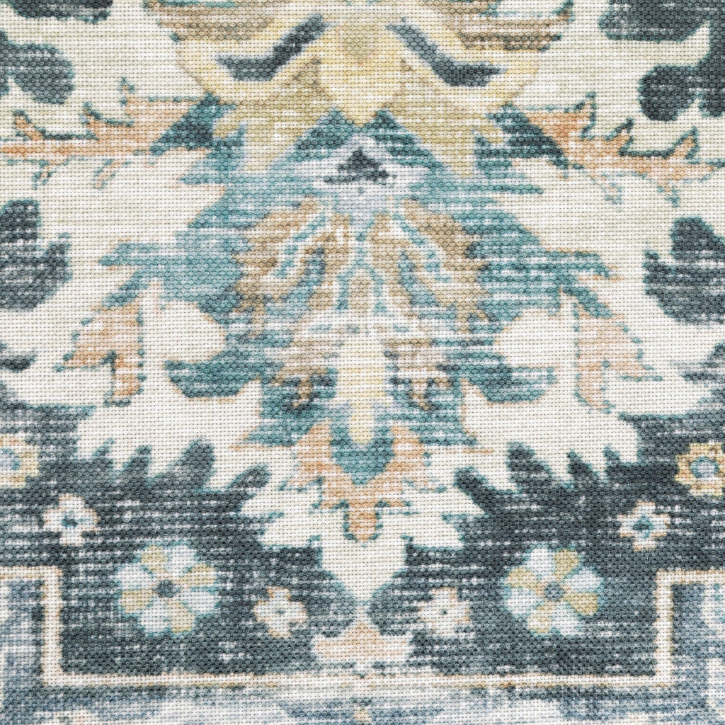 2' X 8' Blue Ivory Teal Brown And Gold Oriental Printed Stain Resistant Non Skid Runner Rug