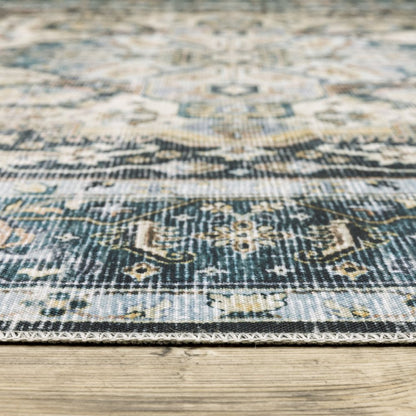 4' X 6' Blue Ivory Teal Brown And Gold Oriental Printed Stain Resistant Non Skid Area Rug