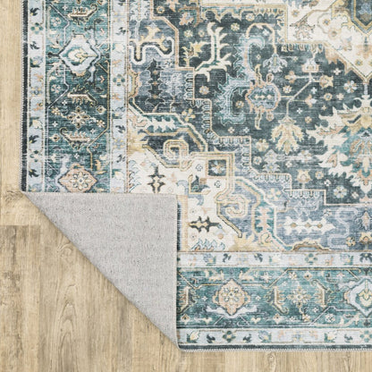 4' X 6' Blue Ivory Teal Brown And Gold Oriental Printed Stain Resistant Non Skid Area Rug