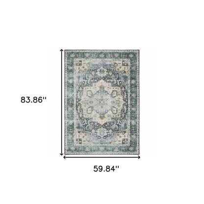 5' X 7' Blue Ivory Teal Brown And Gold Oriental Printed Stain Resistant Non Skid Area Rug