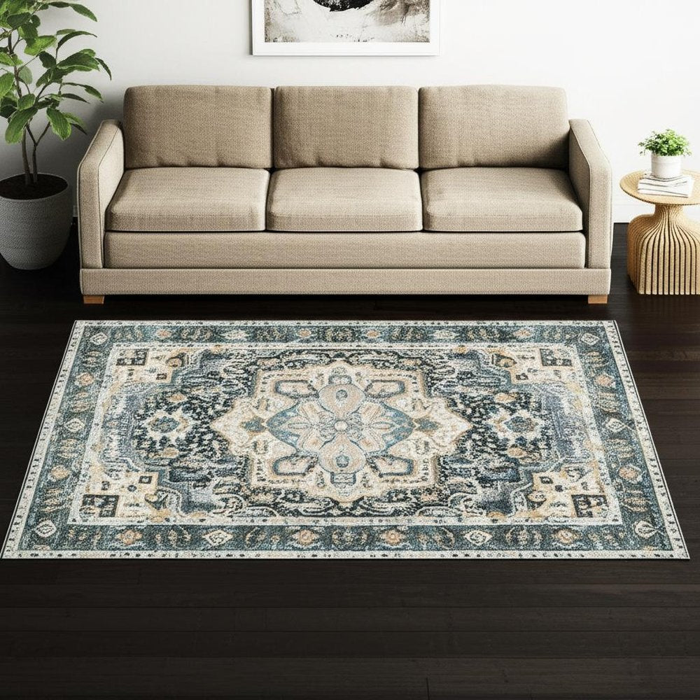 5' X 7' Blue Ivory Teal Brown And Gold Oriental Printed Stain Resistant Non Skid Area Rug