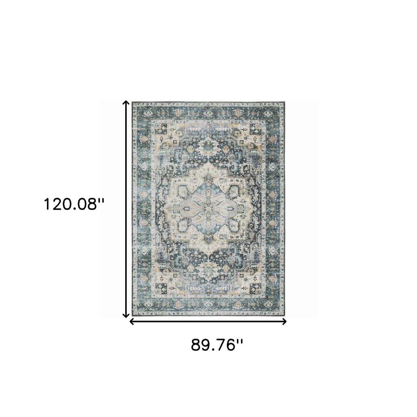 7' X 10' Blue Ivory Teal Brown And Gold Oriental Printed Stain Resistant Non Skid Area Rug