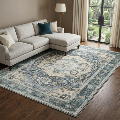 7' X 10' Blue and Ivory Oriental Non Skid Area Rug