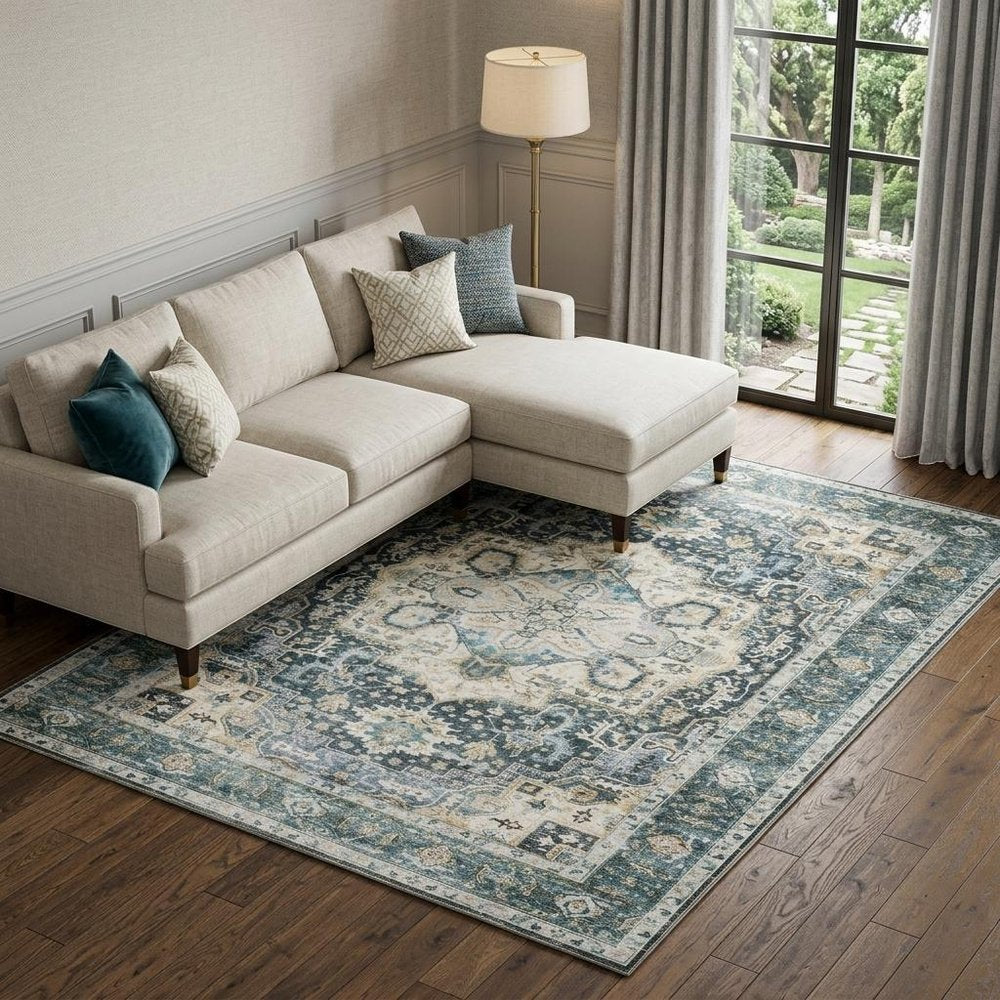 7' X 10' Blue and Ivory Oriental Non Skid Area Rug