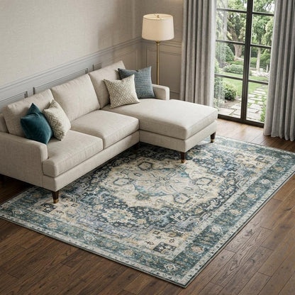 7' X 10' Blue and Ivory Oriental Non Skid Area Rug