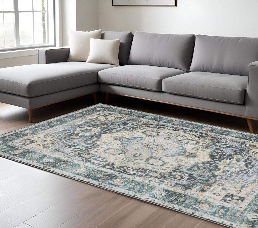 7' X 10' Blue and Ivory Oriental Non Skid Area Rug