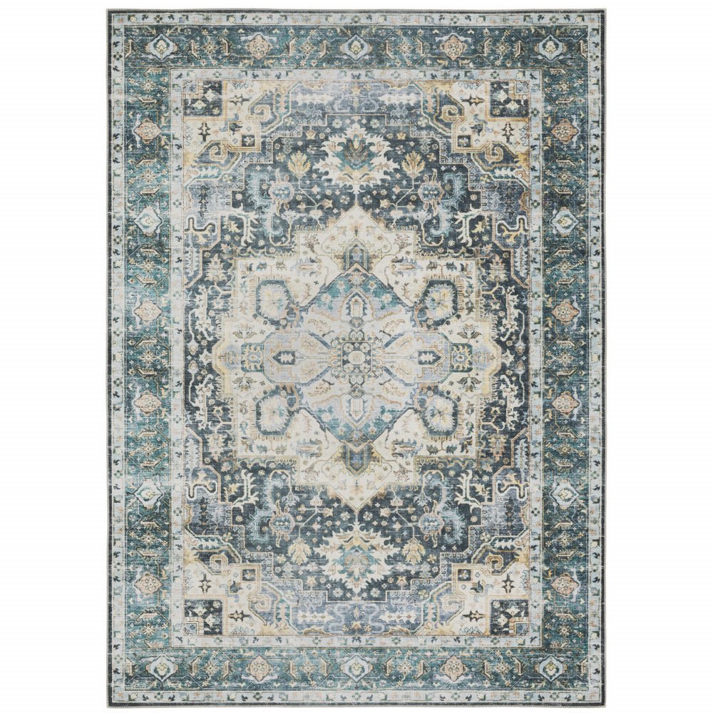7' X 10' Blue and Ivory Oriental Non Skid Area Rug