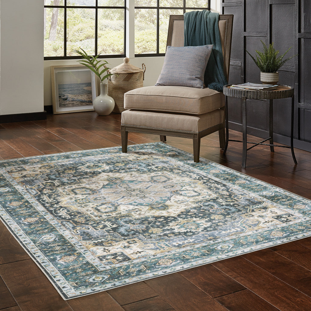 7' X 10' Blue Ivory Teal Brown And Gold Oriental Printed Stain Resistant Non Skid Area Rug