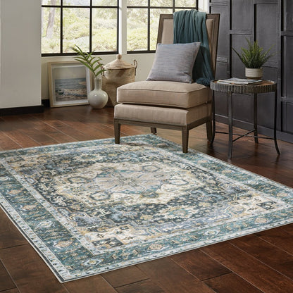 7' X 10' Blue and Ivory Oriental Non Skid Area Rug