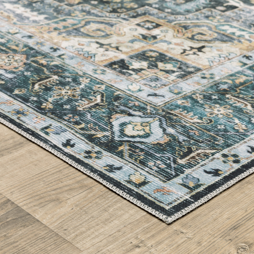 7' X 10' Blue Ivory Teal Brown And Gold Oriental Printed Stain Resistant Non Skid Area Rug