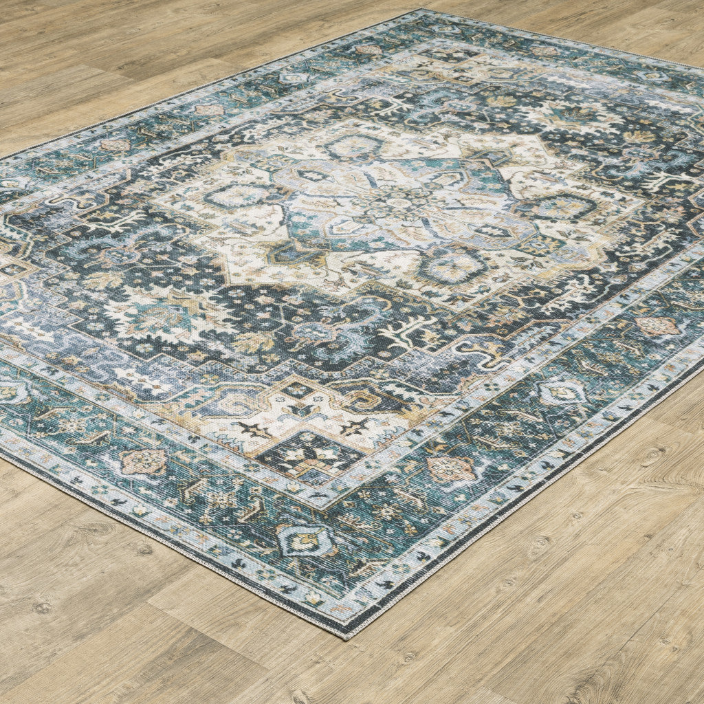 7' X 10' Blue Ivory Teal Brown And Gold Oriental Printed Stain Resistant Non Skid Area Rug