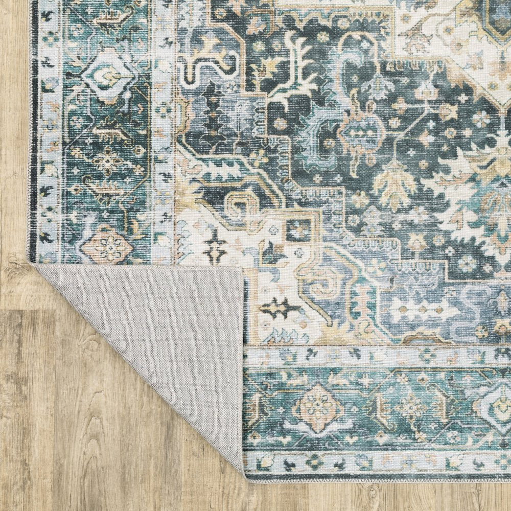 7' X 10' Blue and Ivory Oriental Non Skid Area Rug