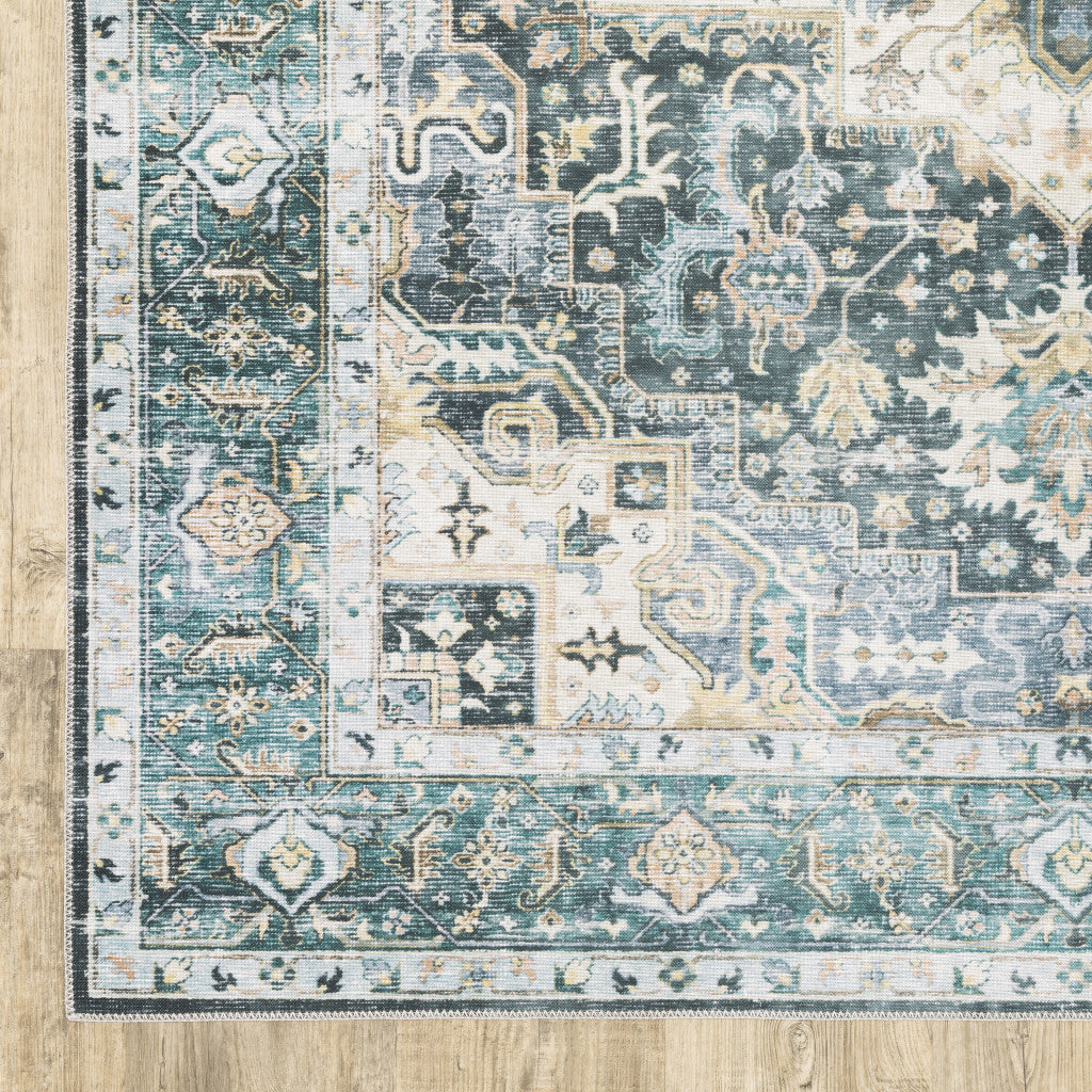 7' X 10' Blue Ivory Teal Brown And Gold Oriental Printed Stain Resistant Non Skid Area Rug