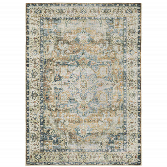 2' X 3' Blue And Gold Oriental Printed Non Skid Area Rug