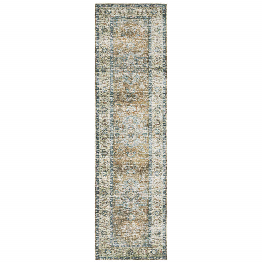 2' X 8' Blue Gold Brown Green And Salmon Oriental Printed Stain Resistant Non Skid Runner Rug