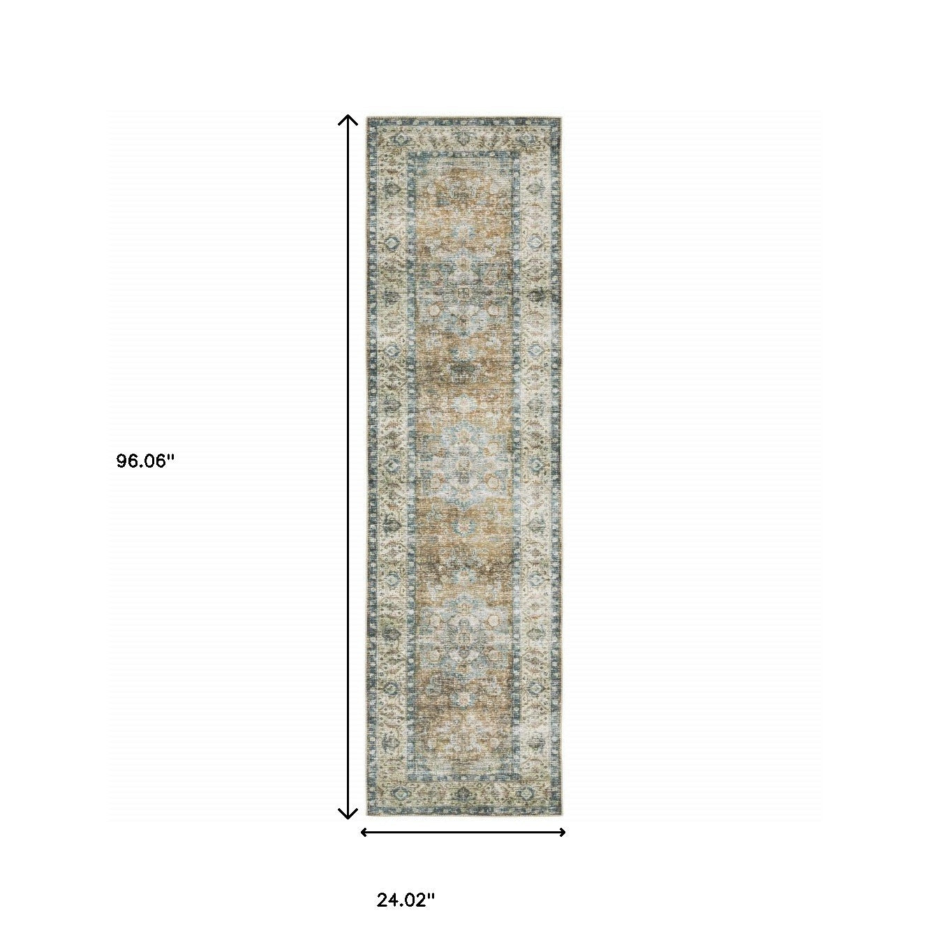 2' X 8' Blue Gold Brown Green And Salmon Oriental Printed Stain Resistant Non Skid Runner Rug