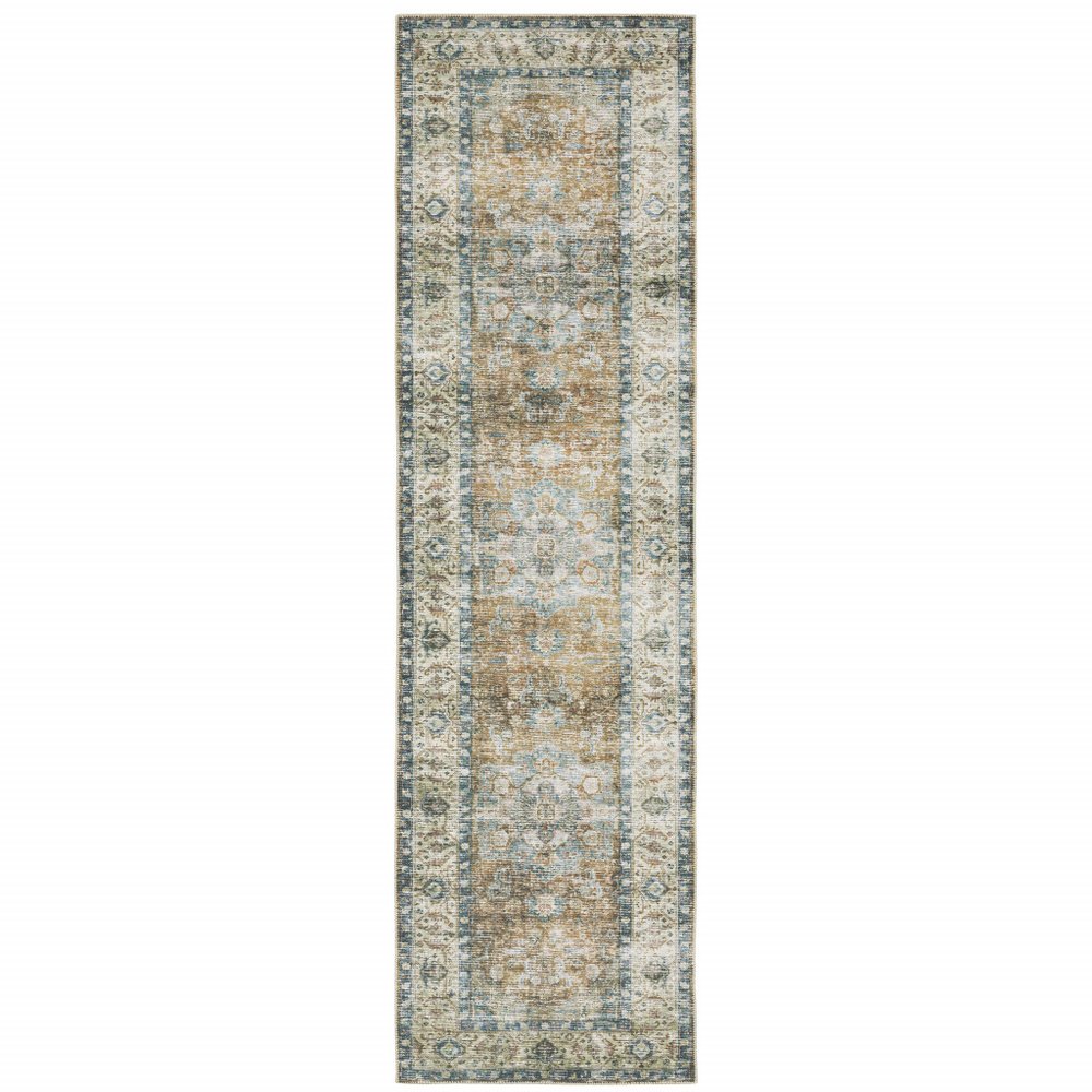 2' X 8' Blue Gold Brown Green And Salmon Oriental Printed Stain Resistant Non Skid Runner Rug
