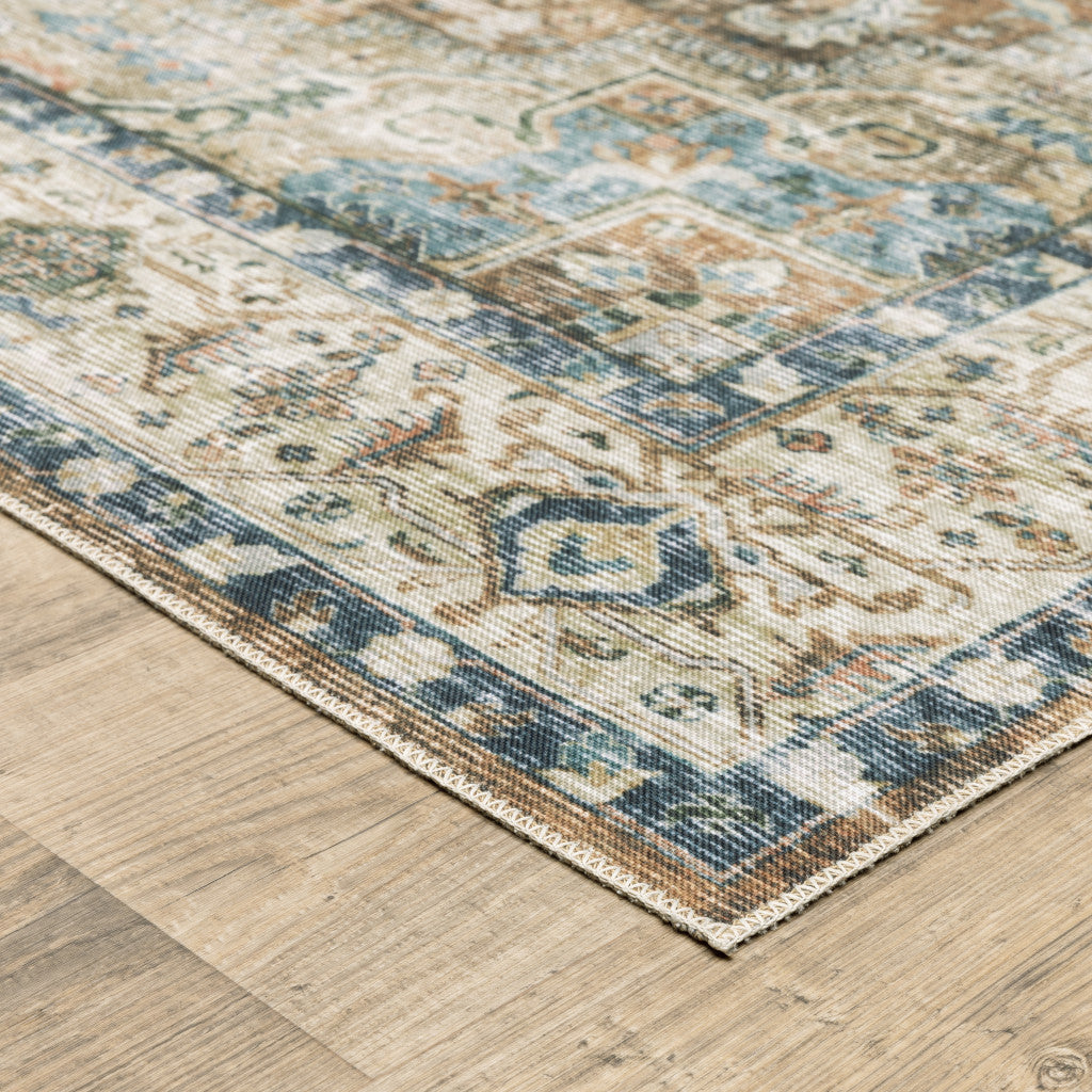 2' X 8' Blue Gold Brown Green And Salmon Oriental Printed Stain Resistant Non Skid Runner Rug