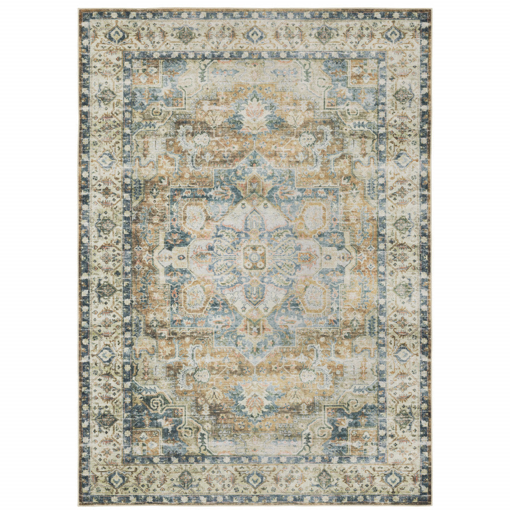 4' X 6' Blue Gold Brown Green And Salmon Oriental Printed Stain Resistant Non Skid Area Rug