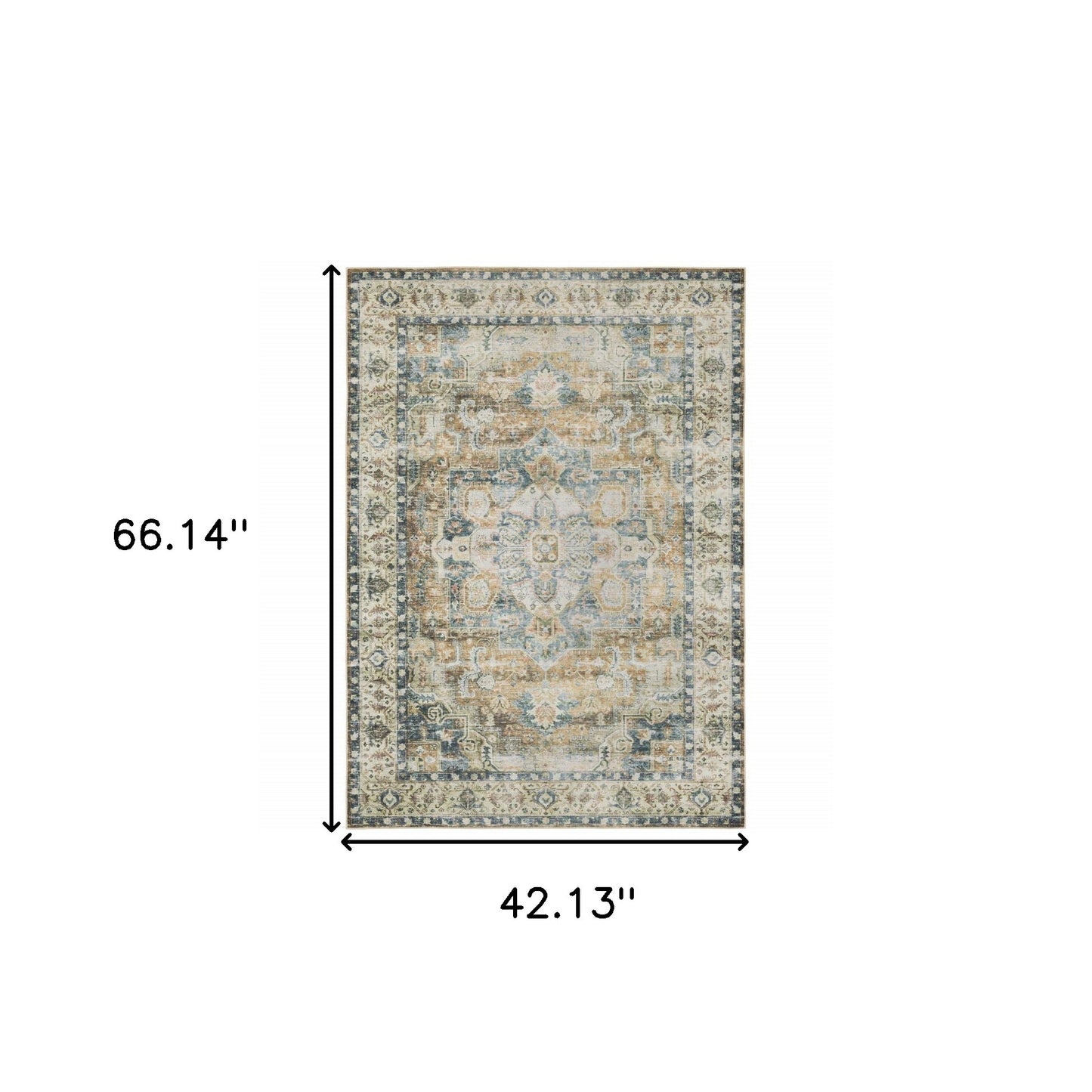 4' X 6' Blue Gold Brown Green And Salmon Oriental Printed Stain Resistant Non Skid Area Rug