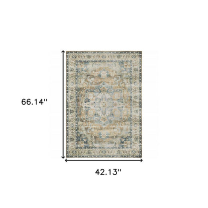 4' X 6' Blue and Gold Oriental Non Skid Area Rug