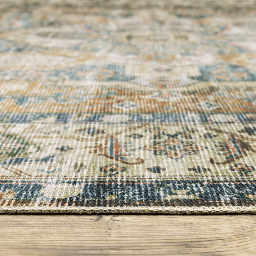 4' X 6' Blue Gold Brown Green And Salmon Oriental Printed Stain Resistant Non Skid Area Rug
