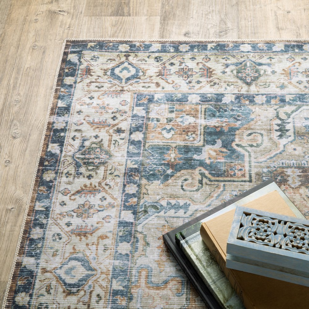 4' X 6' Blue and Gold Oriental Non Skid Area Rug