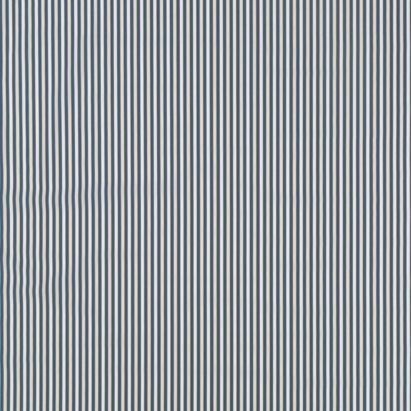 Blue and white vertical pinstripe pattern on upholstery fabric; slim stripes for a contemporary look.