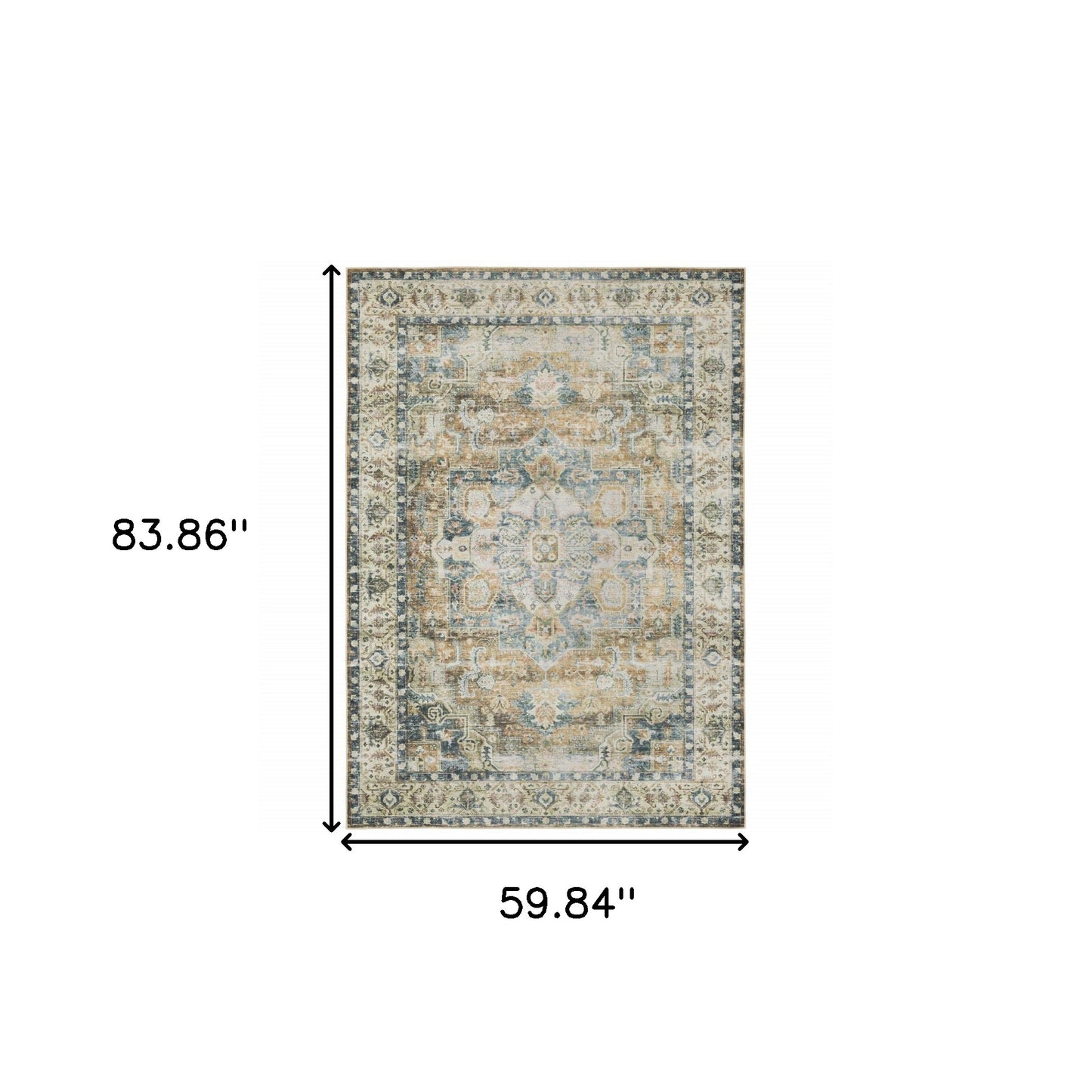 5' X 7' Blue Gold Brown Green And Salmon Oriental Printed Stain Resistant Non Skid Area Rug
