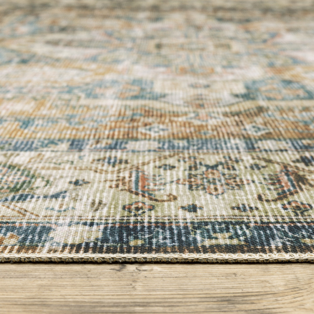 5' X 7' Blue Gold Brown Green And Salmon Oriental Printed Stain Resistant Non Skid Area Rug