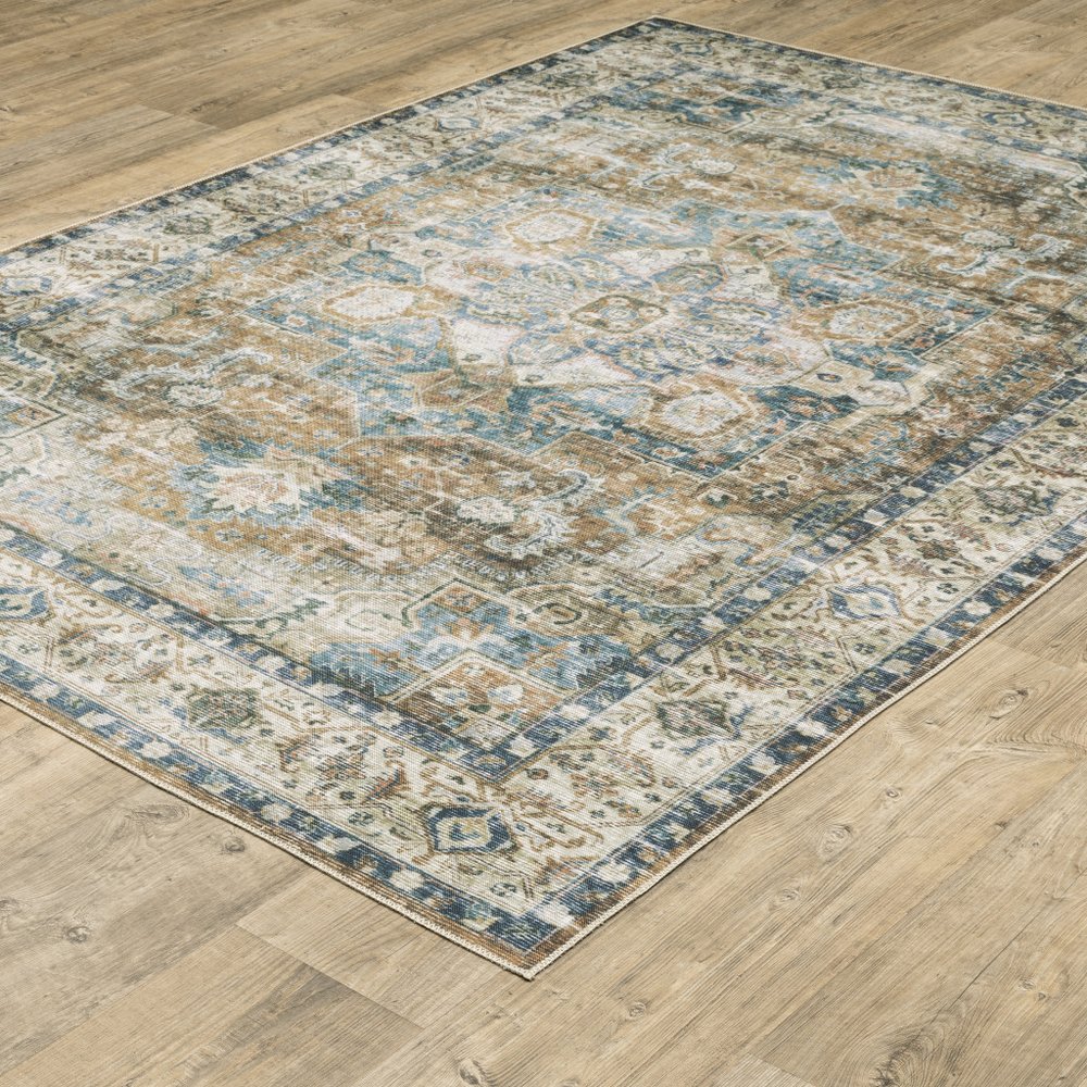 5' X 7' Blue Gold Brown Green And Salmon Oriental Printed Stain Resistant Non Skid Area Rug