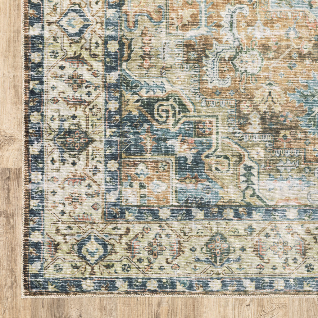 5' X 7' Blue Gold Brown Green And Salmon Oriental Printed Stain Resistant Non Skid Area Rug