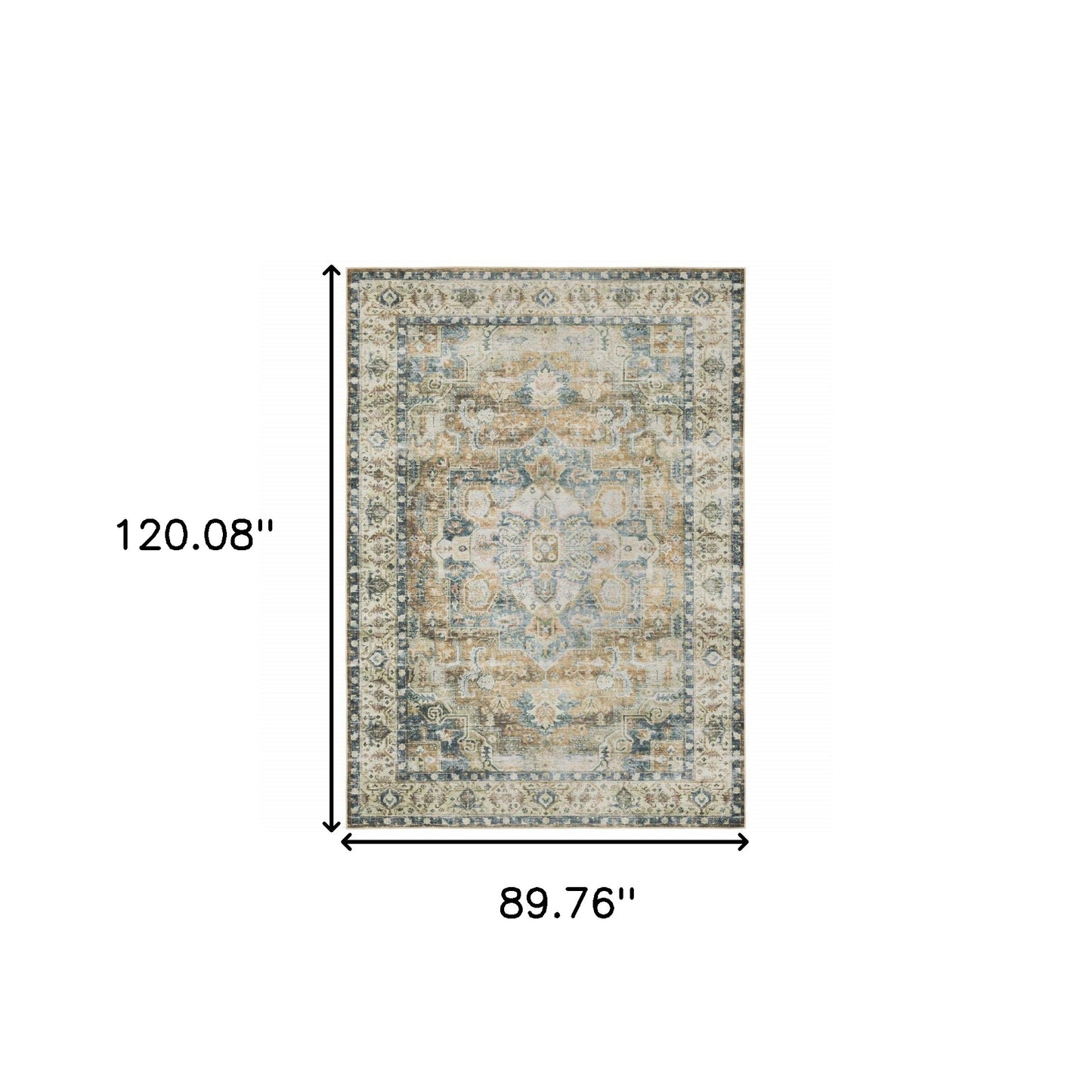 7' X 10' Blue Gold Brown Green And Salmon Oriental Printed Stain Resistant Non Skid Area Rug