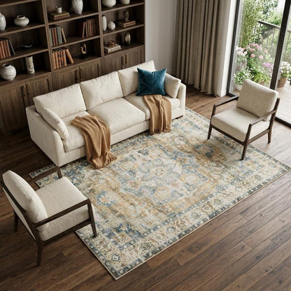 7' X 10' Blue and Gold Oriental Non Skid Area Rug