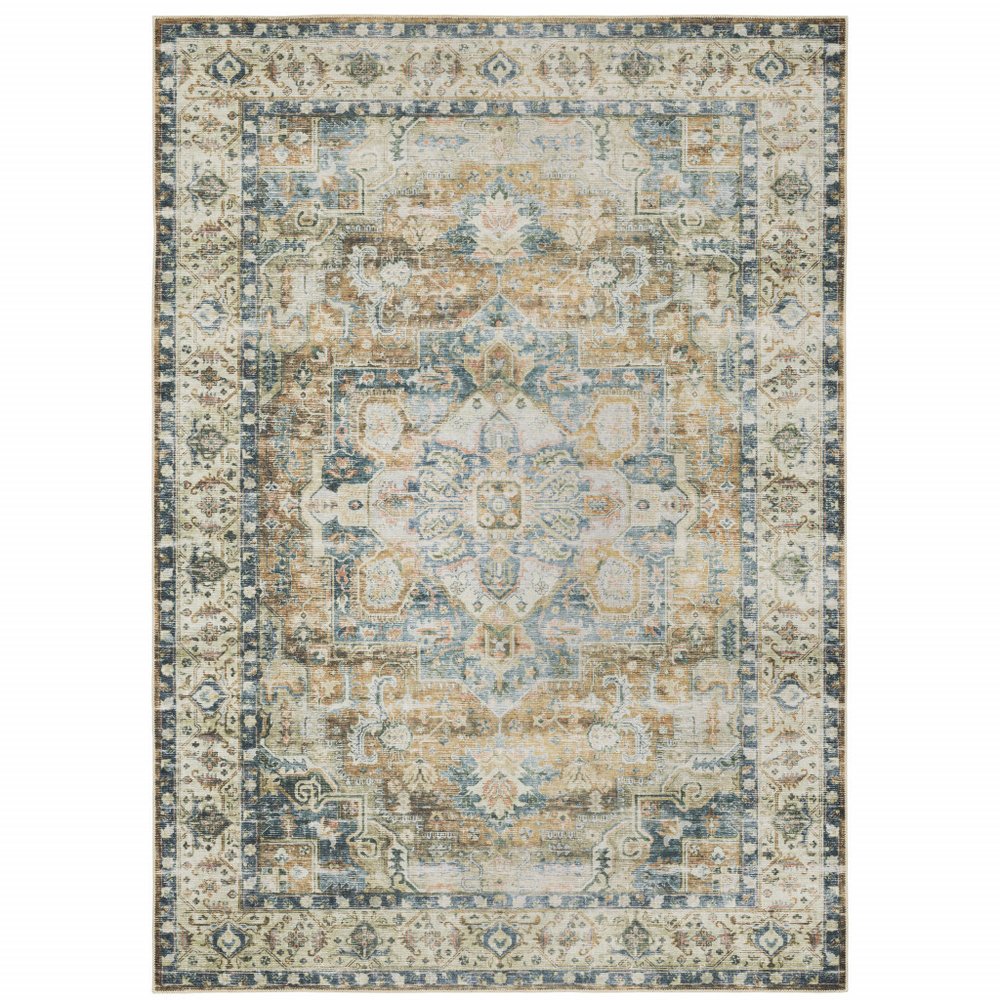 7' X 10' Blue and Gold Oriental Non Skid Area Rug
