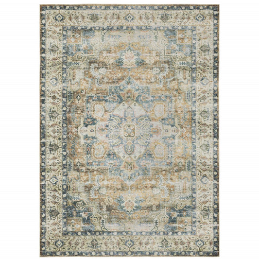 7' X 10' Blue and Gold Oriental Non Skid Area Rug
