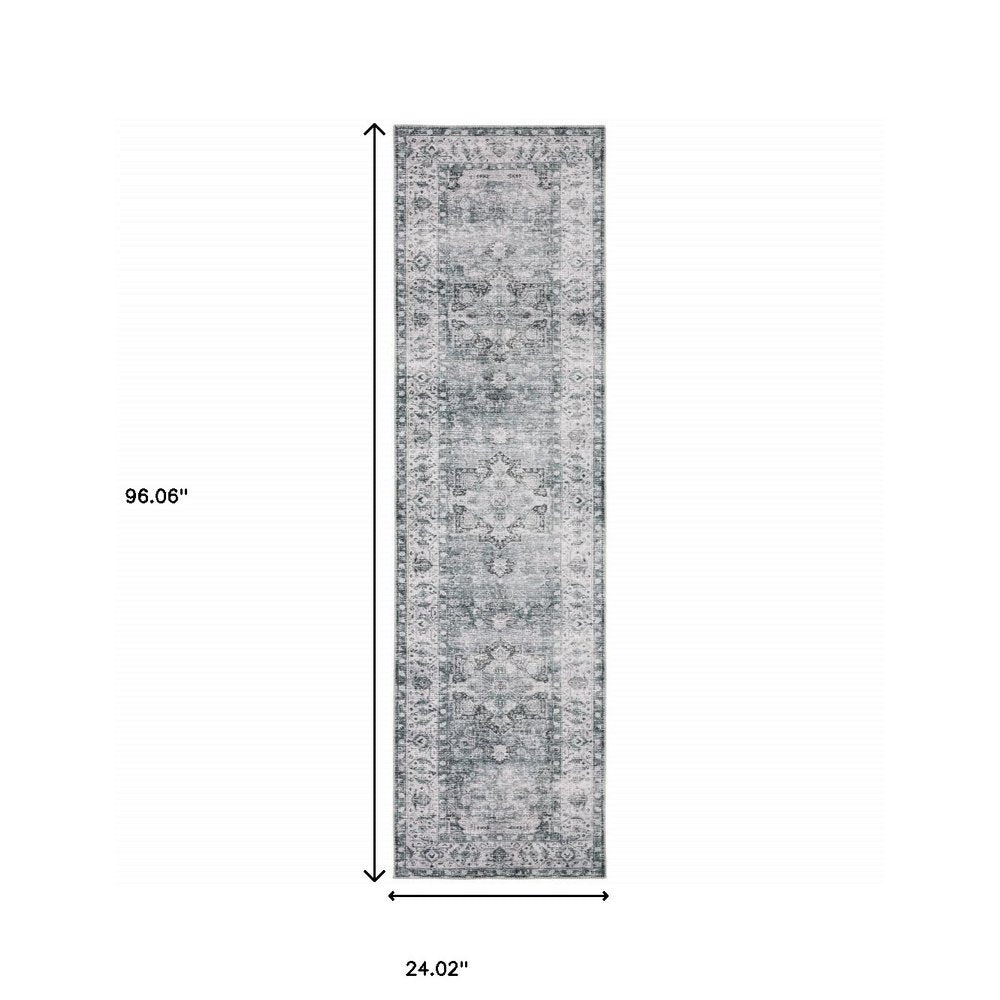 8' Gray And Ivory Oriental Printed Non Skid Runner Rug