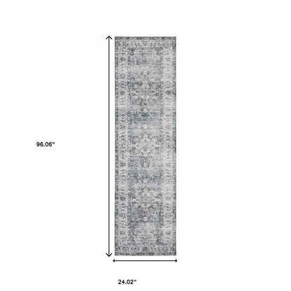 8' Gray And Ivory Oriental Printed Non Skid Runner Rug