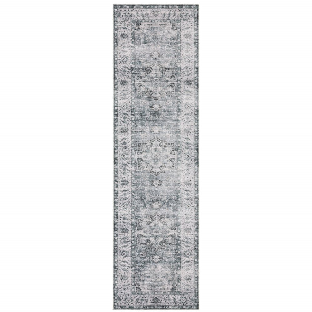 8' Gray And Ivory Oriental Printed Non Skid Runner Rug