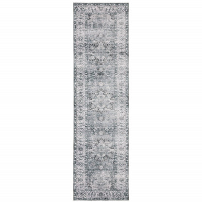 8' Gray And Ivory Oriental Printed Non Skid Runner Rug