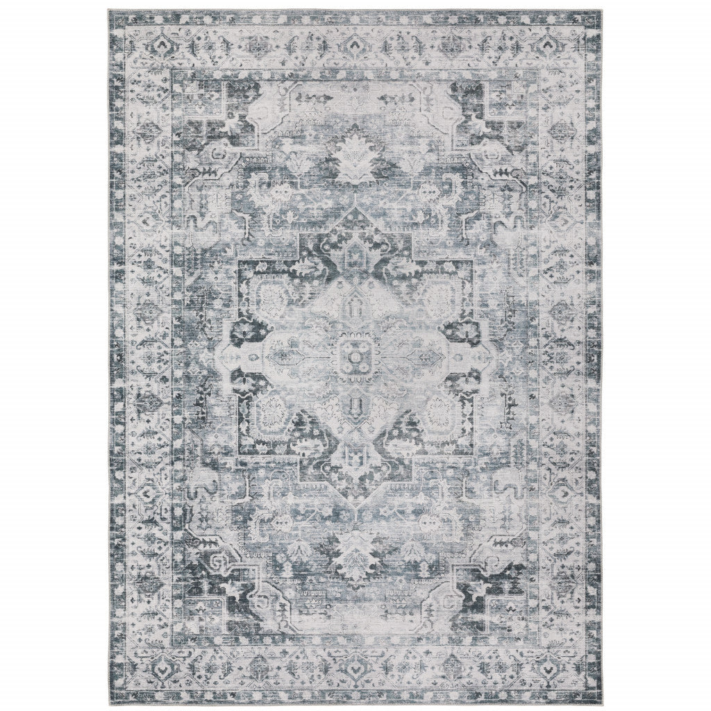 5' X 7' Navy Blue Ivory And Grey Oriental Printed Stain Resistant Non Skid Area Rug