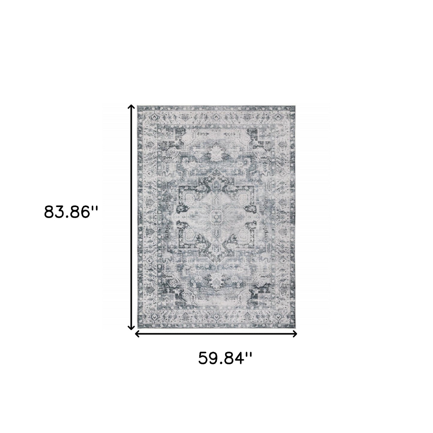 5' X 7' Navy Blue Ivory And Grey Oriental Printed Stain Resistant Non Skid Area Rug