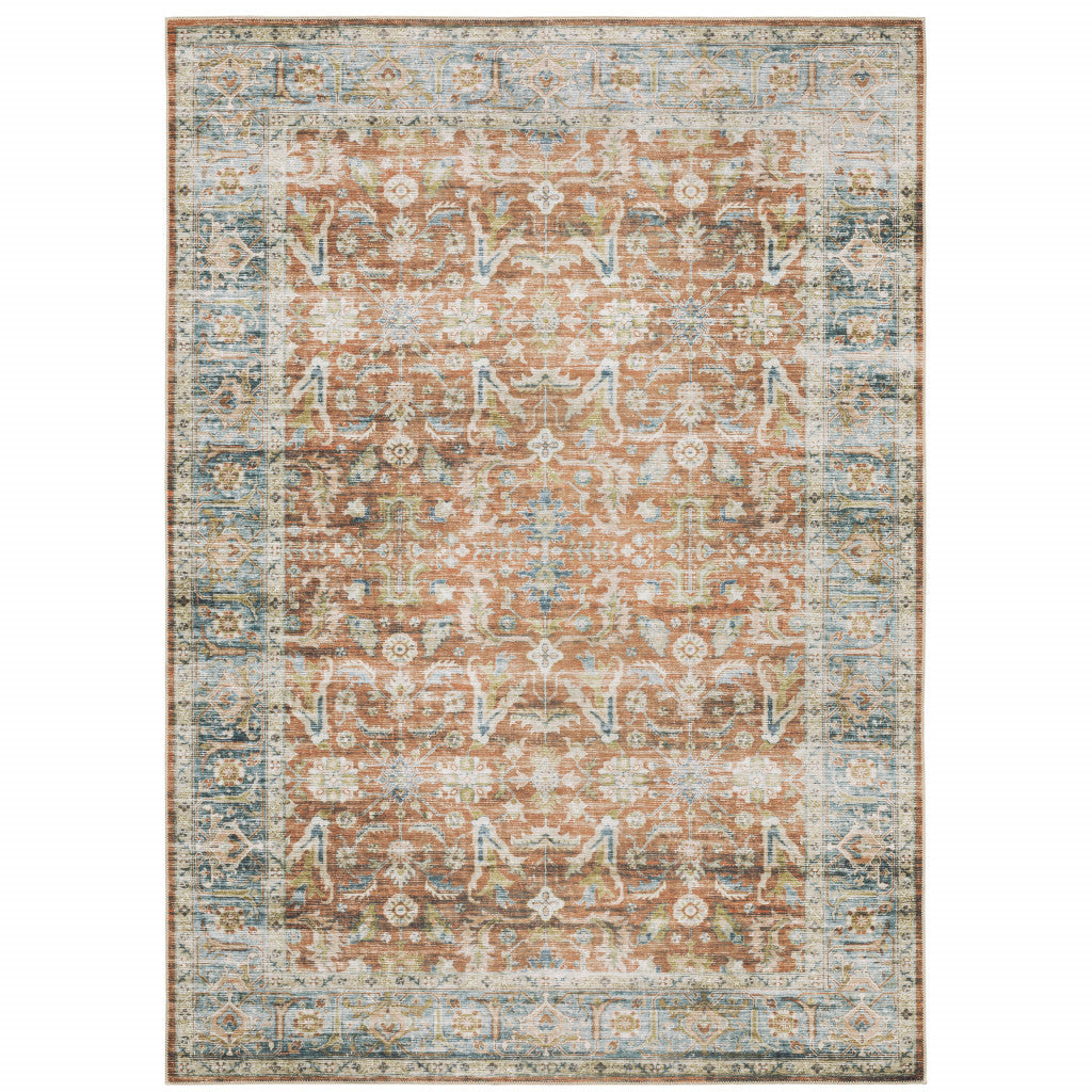 2' X 3' Rust Blue Ivory And Gold Oriental Printed Stain Resistant Non Skid Area Rug