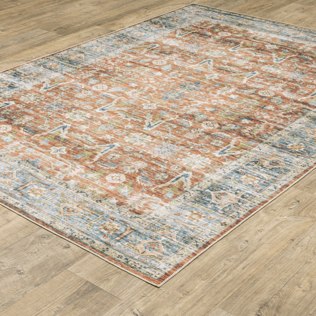 2' X 3' Rust Blue Ivory And Gold Oriental Printed Stain Resistant Non Skid Area Rug