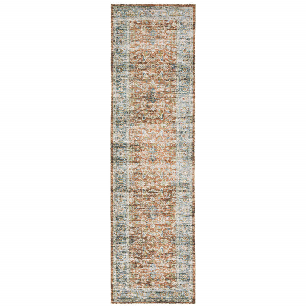 2' X 8' Rust Blue Ivory And Gold Oriental Printed Stain Resistant Non Skid Runner Rug